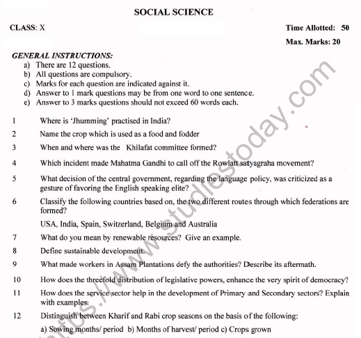 CBSE Class 10 Social Science Worksheet Set H