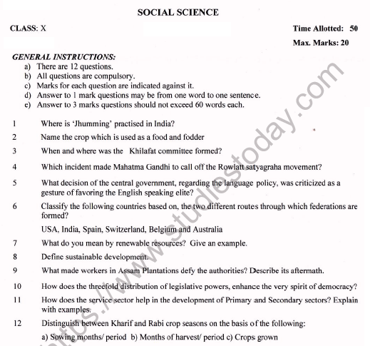 cbse class 10 social science worksheet set h