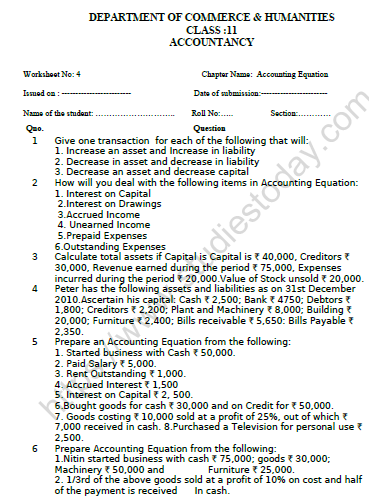 CBSE Class 11 Accountancy Accounting Equation Worksheet Set A 1