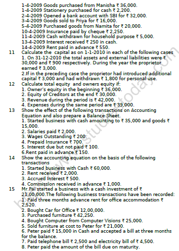 CBSE Class 11 Accountancy Accounting Equation Worksheet Set A 3