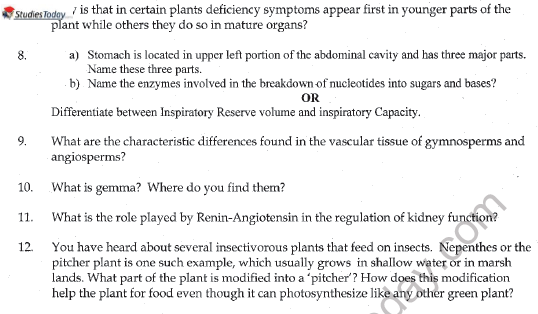 CBSE Class 11 Biology Sample Paper Set G Solved 2