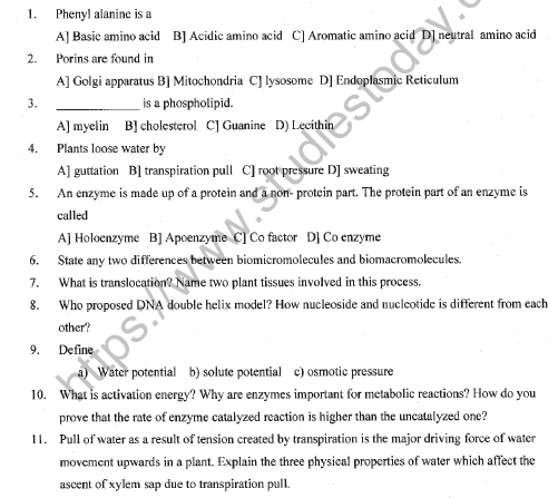 CBSE Class 11 Biology Worksheet Set M Solved
