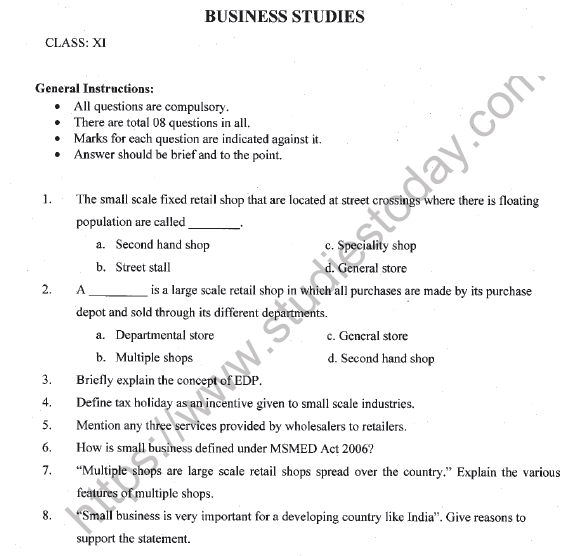 CBSE Class 11 Business Studies Worksheet Set K Solved 1
