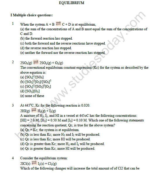 CBSE Class 11 Chemistry Equilibrium Worksheet Set A 1