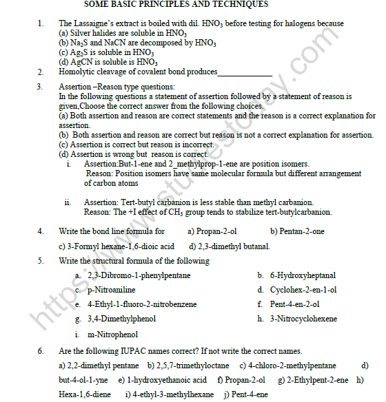 CBSE Class 11 Chemistry Organic Chemistry Worksheet 1