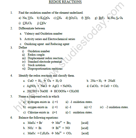 CBSE Class 11 Chemistry Redox Reactions Worksheet Set A 1