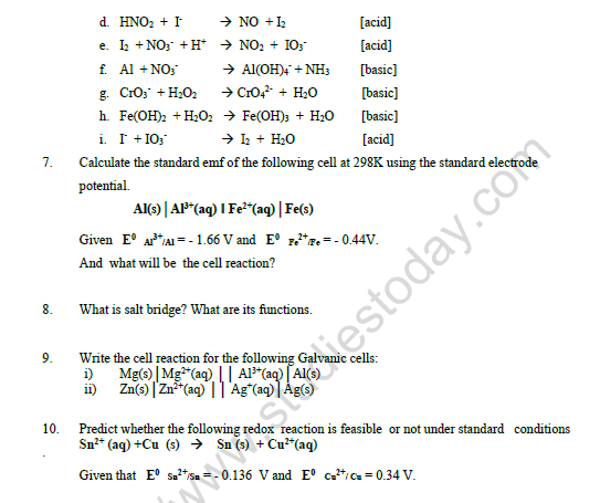 CBSE Class 11 Chemistry Redox Reactions Worksheet Set A 2