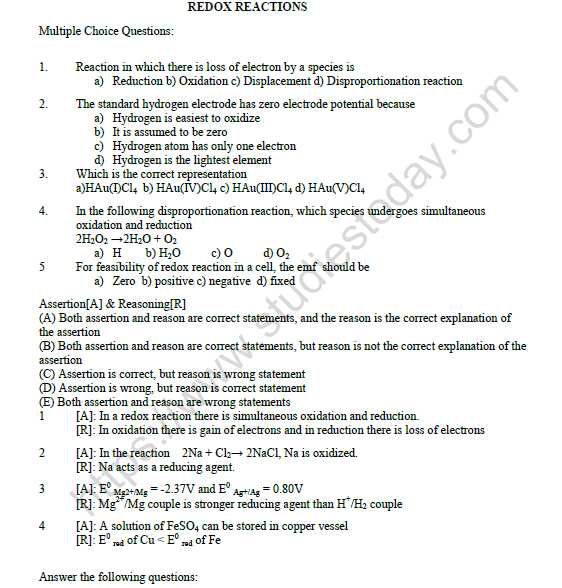 CBSE Class 11 Chemistry Redox Reactions Worksheet Set B 1