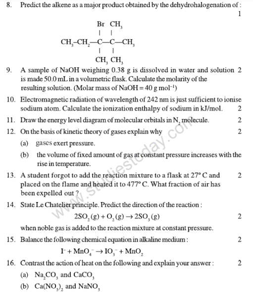 CBSE Class 11 Chemistry Sample Paper Set 6