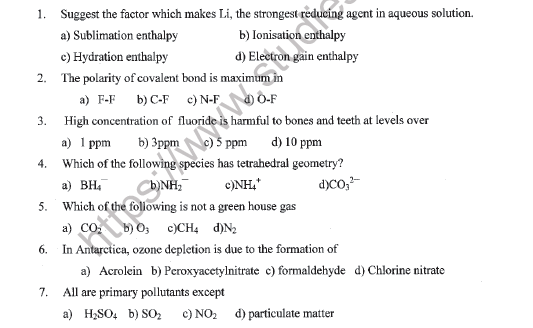 CBSE Class 11 Chemistry Sample Paper Set X 1