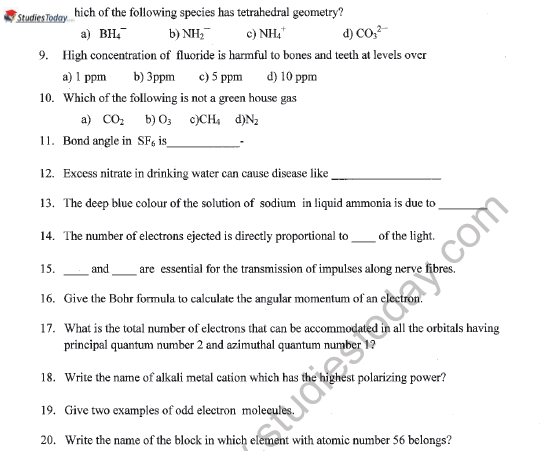 CBSE Class 11 Chemistry Sample Paper Set Y 2