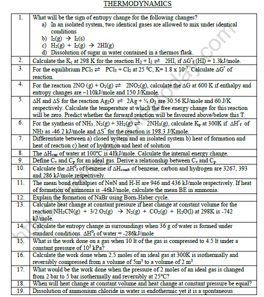 CBSE Class 11 Chemistry Thermodynamics Worksheet Set B 1