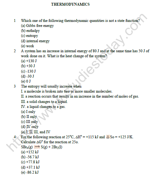 CBSE Class 11 Chemistry Thermodynamics Worksheet Set D 1