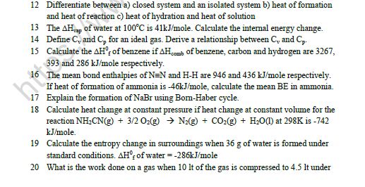 CBSE Class 11 Chemistry Thermodynamics Worksheet Set D 3