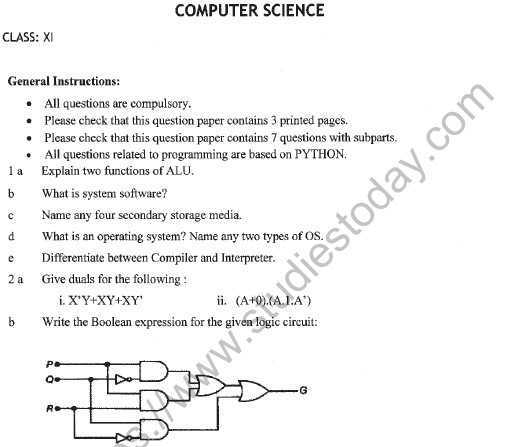 CBSE Class 11 Computer Science Question Paper Set P Solved 1