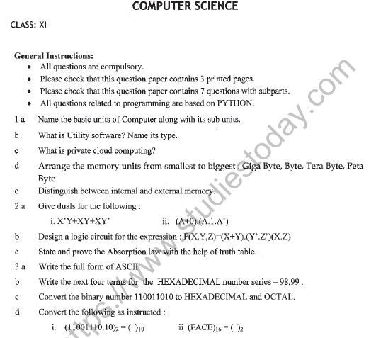 CBSE Class 11 Computer Science Question Paper Set R Solved 1