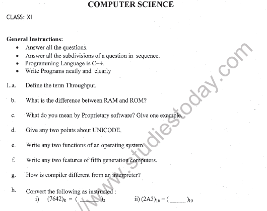CBSE Class 11 Computer Science Question Paper Set T Solved 1
