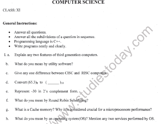 CBSE Class 11 Computer Science Question Paper Set U Solved 1
