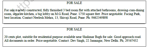 CBSE Class 11 English Classified Advertisements Worksheet 5