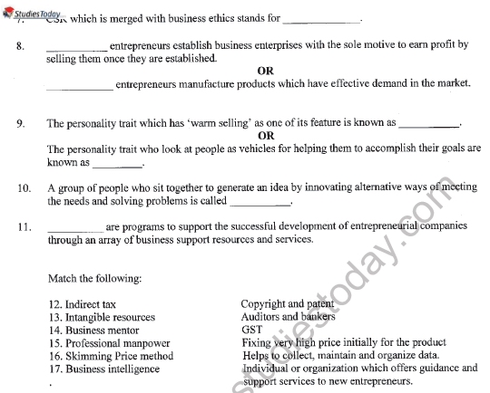 CBSE Class 11 Entrepreneurship Question Paper Set A Solved 2