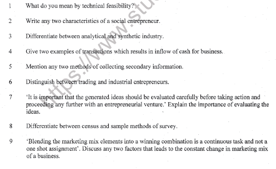 CBSE Class 11 Entrepreneurship Question Paper Set G Solved 1