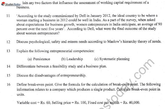 CBSE Class 11 Entrepreneurship Question Paper Set G Solved 2