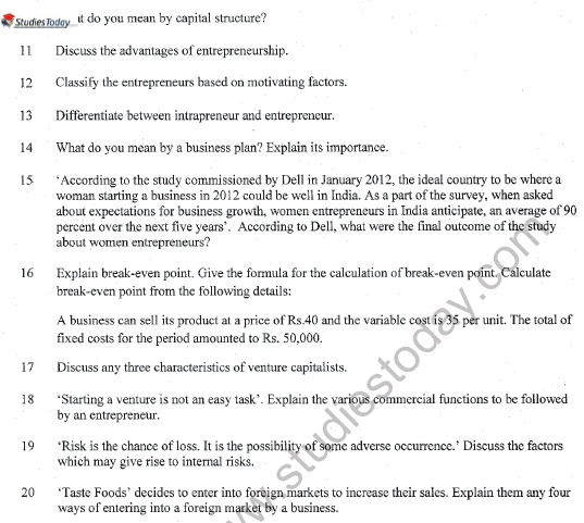 CBSE Class 11 Entrepreneurship Question Paper Set H Solved 2