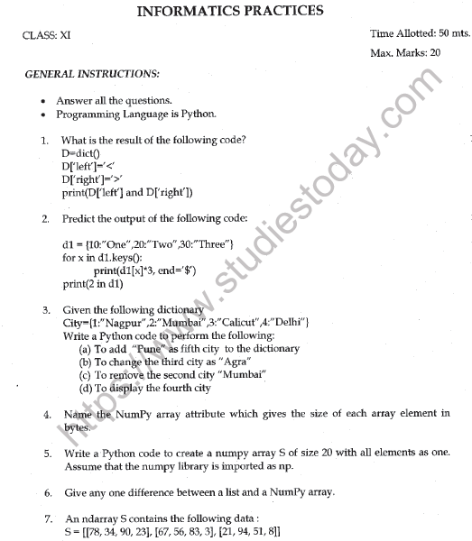 CBSE Class 11 Informatics Practices Worksheet Set A Solved 1