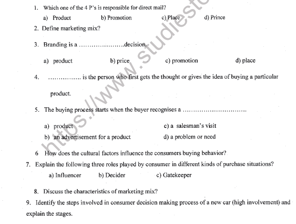 CBSE Class 11 Marketing Sample Paper Set E Solved
