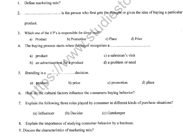 CBSE Class 11 Marketing Sample Paper Set F Solved