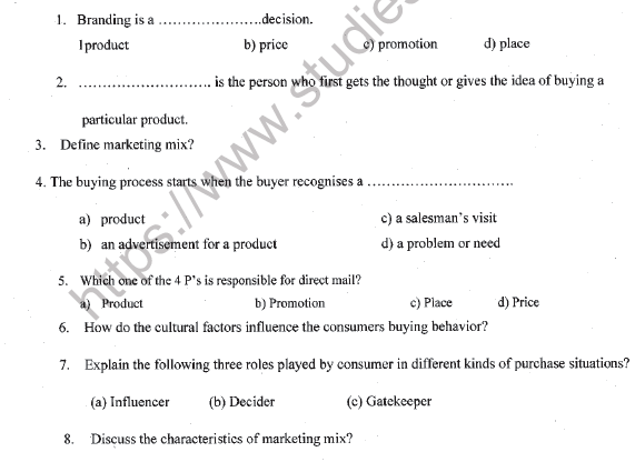 CBSE Class 11 Marketing Sample Paper Set G Solved 1