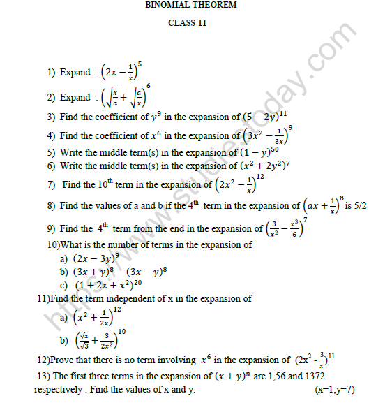 CBSE Class 11 Mathematics Binomial Theorem Worksheet Set A 1