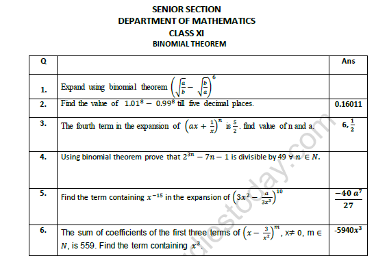 CBSE Class 11 Mathematics Binomial Theorem Worksheet Set B 1
