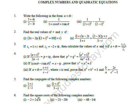 CBSE Class 11 Mathematics Complex Numbers Worksheet Set A 1