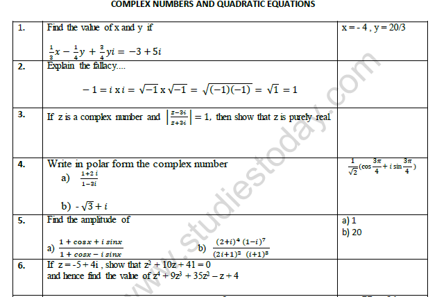 CBSE Class 11 Mathematics Complex Numbers Worksheet Set B 1