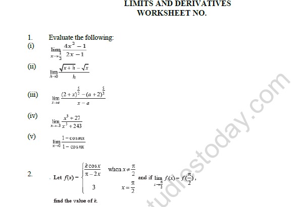 CBSE Class 11 Mathematics Limits And Derivatives Worksheet Set A 1