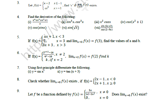 CBSE Class 11 Mathematics Limits And Derivatives Worksheet Set A 2