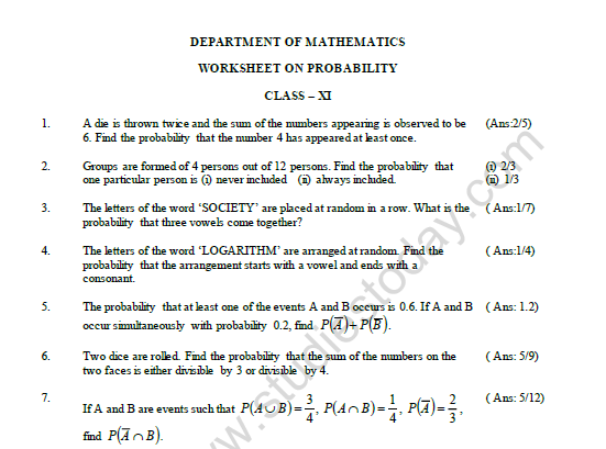 CBSE Class 11 Mathematics Probability Worksheet Set A 1