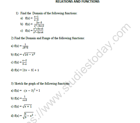 CBSE Class 11 Mathematics Relations And Functions Worksheet Set A 1