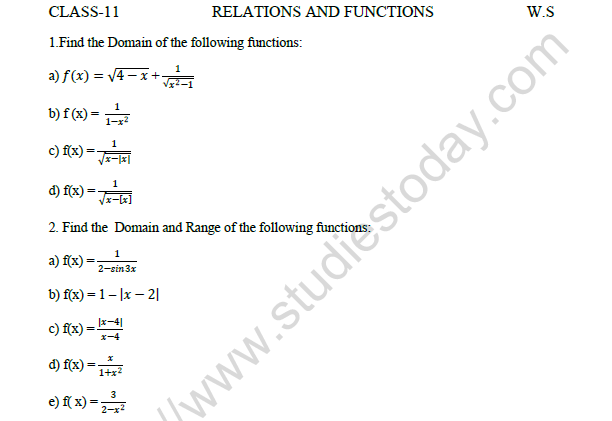 CBSE Class 11 Mathematics Relations And Functions Worksheet Set B 1