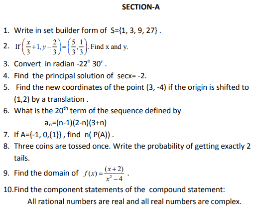 CBSE Class 11 Mathematics Sample Paper Set L