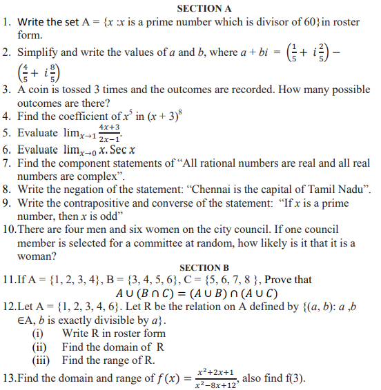 CBSE Class 11 Mathematics Sample Paper Set Z