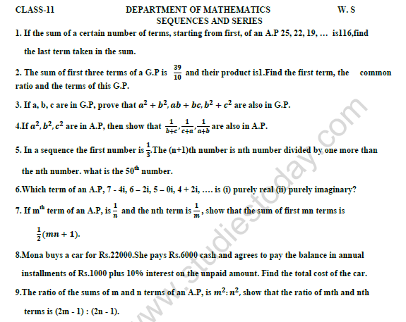 CBSE Class 11 Mathematics Sequences And Series Worksheet Set C 1