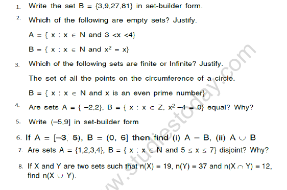 CBSE Class 11 Mathematics Sets Worksheet Set A 1