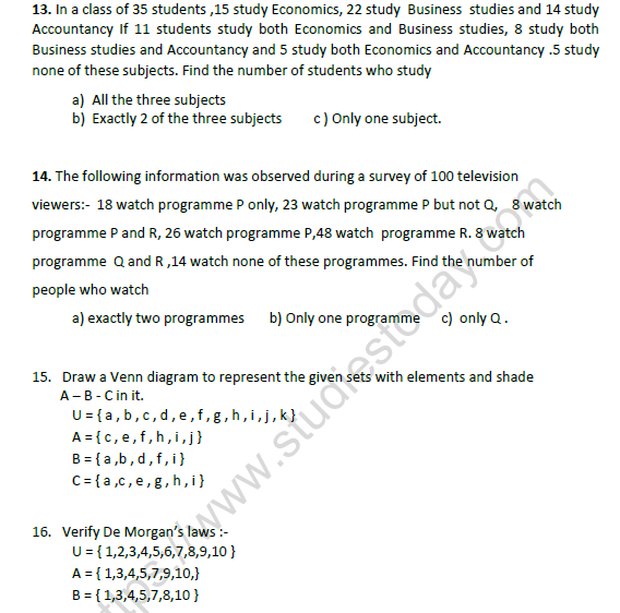 CBSE Class 11 Mathematics Sets Worksheet Set A 3