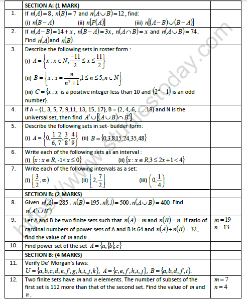 CBSE Class 11 Mathematics Sets Worksheet Set C 1
