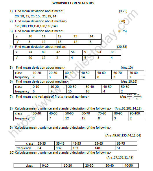 CBSE Class 11 Mathematics Statistics Worksheet Set A 1