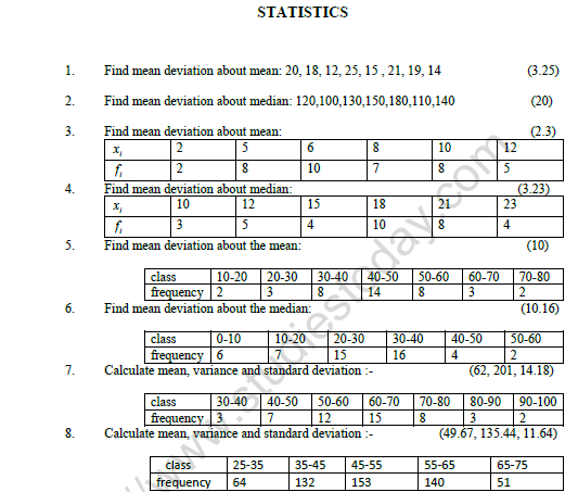 CBSE Class 11 Mathematics Statistics Worksheet Set B 1