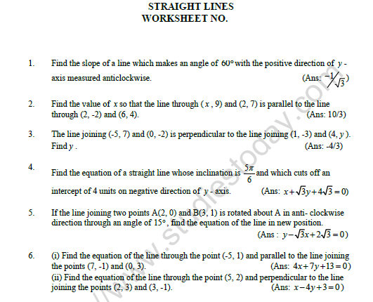 CBSE Class 11 Mathematics Straight Lines Worksheet 1