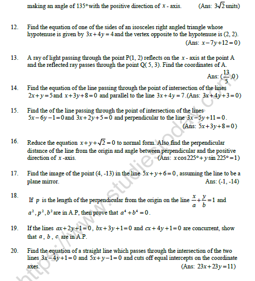 CBSE Class 11 Mathematics Straight Lines Worksheet 3